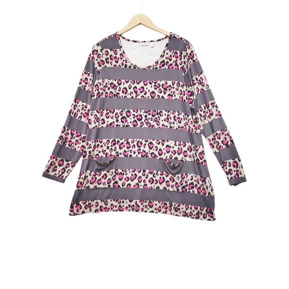 LOGO Lori Goldstein Tunic Size 1X Multi Animal Print Long Sleeve Relaxed Pockets - Picture 1 of 8